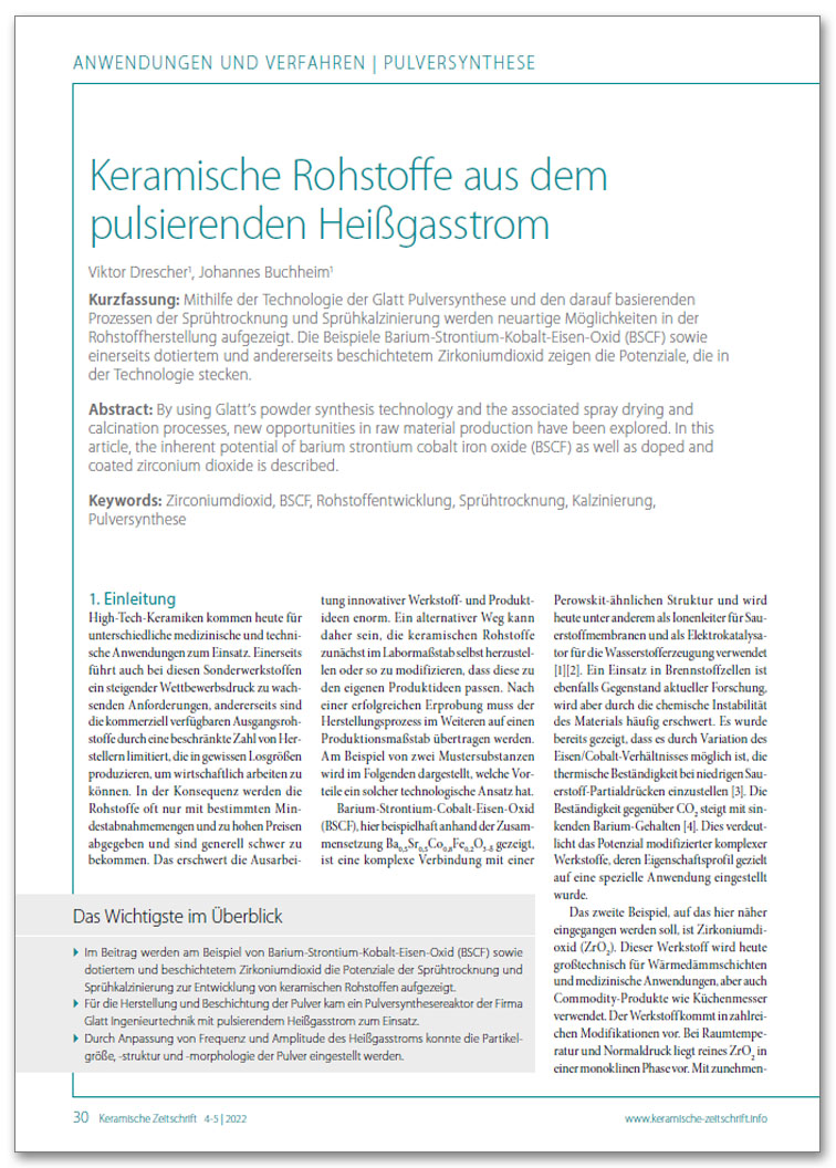 Glatt Fachbeitrag zum Thema ''Keramische Rohstoffe aus Heissgasstrom'', veröffentlicht im Fachmagazin Keramische Zeitschrift, Ausgabe 04-05/2022, Springer Fachmedien Wiesbaden GmbH