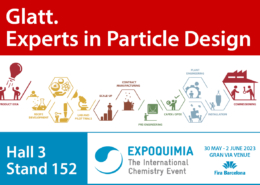 Meet the Glatt experts for particle design and plant engineering at EXPOQUIMIA from 30.05. -02.06.2023 in Barcelona in hall 3 at booth 152